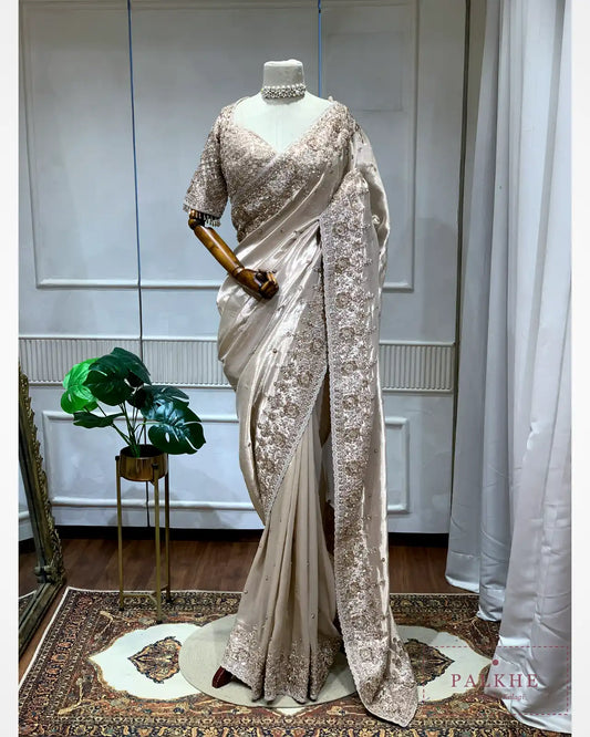 Champagne Beige Pure Silk Tissue x Hand Embroidery