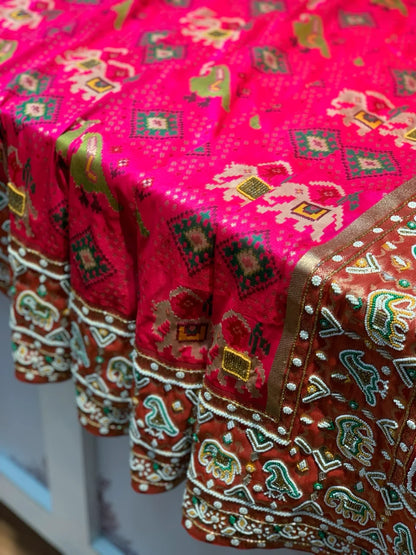 Rani Pink Traditional Geometric Motifs Patola x Hand Embroidery